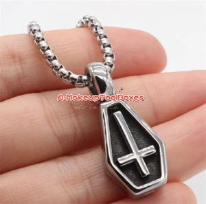 Men's Women's Stainless Steel Gothic Biker Punk Cross Coffin Pendant J749 - Picture 1 of 4