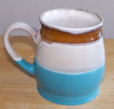 Taza de gres Roscher cerámica verde azulado aqua azul beige tostado rayas barril taza de café Foto 1 de 4