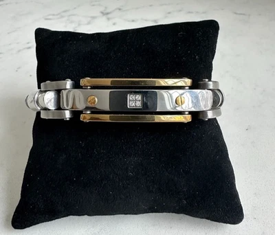Brazalete de cuero trenzado y chapado en oro de acero inoxidable con diamantes para hombre de 9,5" Foto 1 de 4