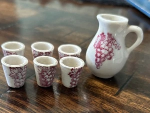 VTG MINIATURE PORCELAIN TRANSFERWARE GRAPE MOTIF Wine SET (1)JUG (6) CUPS - Picture 1 of 5
