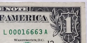 $1 Bill 2021 Fancy Serial Number Trailing 16663 Morann, PA Zip Code - 00016663 - Picture 1 of 3