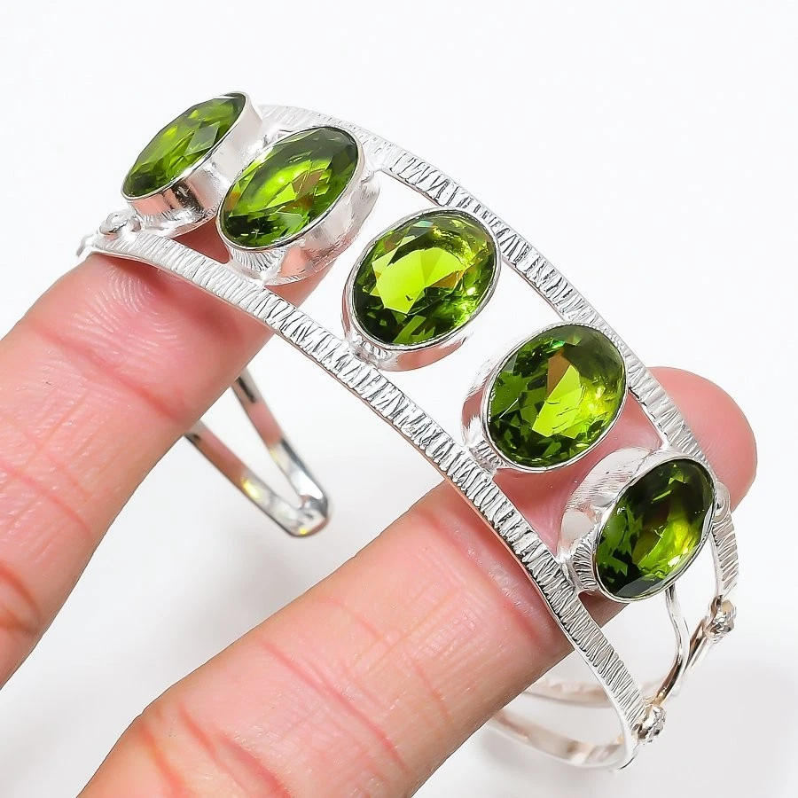 Green Peridot Gemstone Handmade 925 Sterling Silver Adjustable Cuff Bracelet - Image 1 of 1
