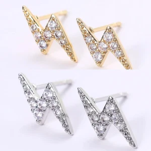 Solid Silver Lightning Bolt Stud Earrings Zircon Crystals 14K Gold Plated Silver - Picture 1 of 9