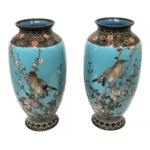 Pair Antique Meiji Japanese Cloisonne Vases -- Manner of Namikawa Sosuke - Picture 1 of 14