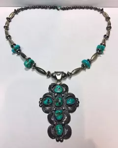Native Handmade Design Silver Sterling Turquoise Cross Pendant Necklace - Picture 1 of 5