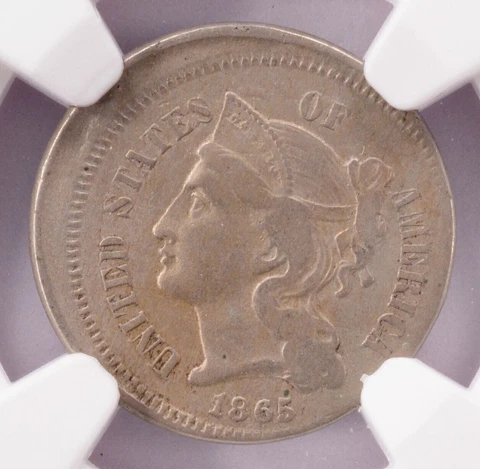 1865 3CN Three Cent Nickel Struck 10% Off-Center NGC XF45 Cover