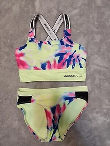 Justice Sport Tank Swimsuit 2 Piece Girls Sz 10 Tie Dye Criss Cross Back C90 - Picture 1 of 9