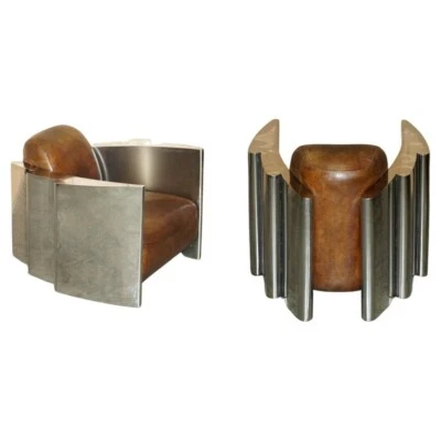 RARE STUNNING HERITAGE BROWN LEATHER POLISHED ALUMINIUM AVIATOR LOUNGE ARMCHAIR - Image 1 of 4
