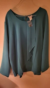Judy Bond Womens 20W Teal Top NWOT L Sleeve Pleat Accent Front Keyhole Back Extr - Picture 1 of 24