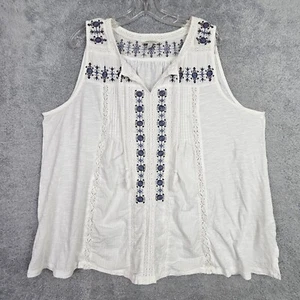 Lucky Brand Womens Tank Top 2X White Boho Embroidered Tassel Tie Cotton Modal - Picture 1 of 23
