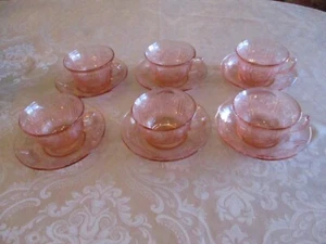 Six Federal Glass SHARON "Cabbage Rose" Pink Cup and Saucer Sets - Picture 1 of 5
