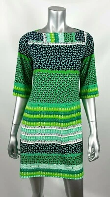 Vestido Donna Morgan Mini Cambio 8 Verde Geométrico Cuello Barco Manga Corta Elastizado Foto 1 de 4