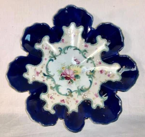 Cobalt Blue Bowl Fruit Nut Candy Dish Hand Painted Flowers Scalloped Edge Gold O - Picture 1 of 13