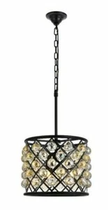Chandelier Light Fixture Matte Black Golden Teak Crystal Pendant Ceiling 14 in - Picture 1 of 9