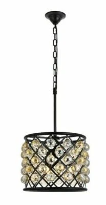 Chandelier Light Fixture Matte Black Golden Teak Crystal Pendant Ceiling 14 in - Image 1 of 4