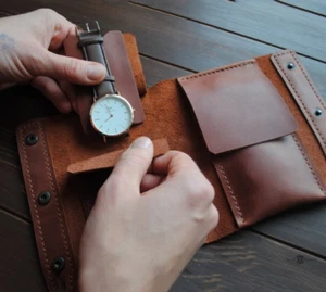 Men women wrist watch Bag Pack Cow Leather protect sleeve Pouch cover brown H980 - Picture 1 of 6
