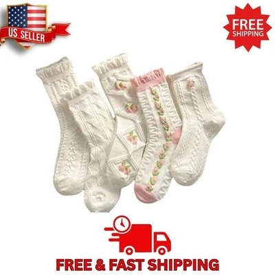 5 pares de calcetines tobilleros con volantes de encaje blanco para mujer lindos florales Cottagecore Crew Foto 1 de 4