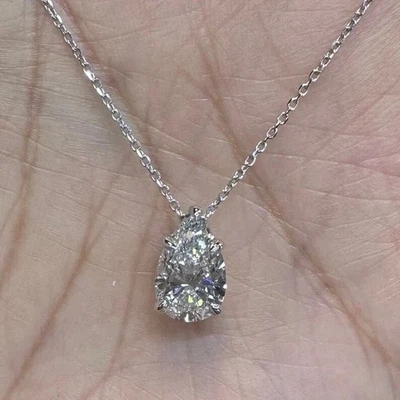 3CT Pear Cut Lab Grown Diamond Solitaire Women's Charm Pendant 14k White Gold - Image 1 of 4
