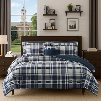 Full Size Comforter Set Navy Blue, Plaid Design Comforter Set 7 Pieces, All S... - Image 1 of 4