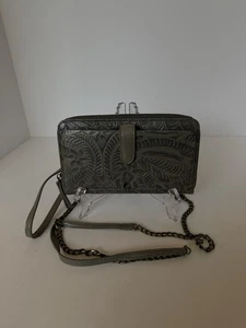 Dunkelgraue Umhängetasche Handy/Geldbörse/Kreditkartenetui mit Blumenprägung. EUC - Bild 1 von 6