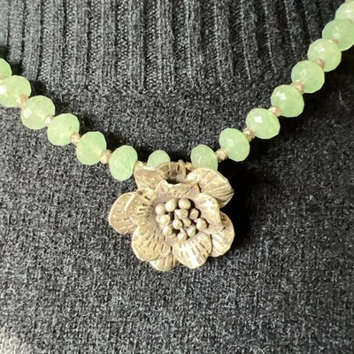 Vintage Light Green Aventurine and Silver Necklace with Beautiful Flower Accent - Image 1 of 4