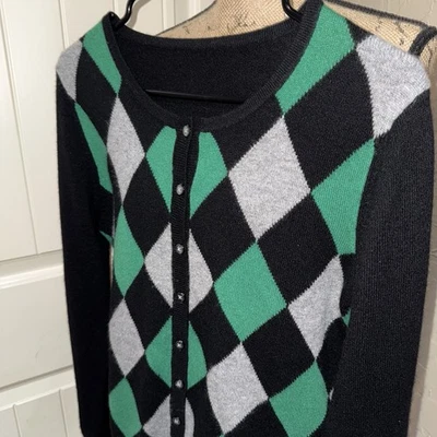 Unbranded 100% Cashmere Cardigan Argyle Sweater Button Down Black/Gray/Green A - Image 1 of 4