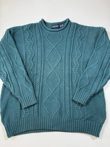 Vintage Lands End Pullover Herren XL türkis Aran Zopfmuster Fischer Strick Rollkragen USA - Bild 1 von 8