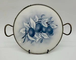 Keramik & Metall Henkeltablett Deutsch Art Deco Rund Vintage Pflaume Schablone - Bild 1 von 7