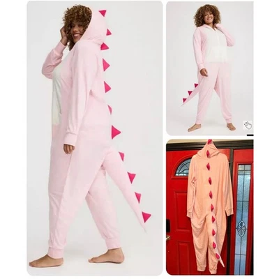 Pijama Traje Unión Tórrido 1X/2X Dinosaurio Rosa con Cola Punk Gótico Con Capucha Una Pieza Foto 1 de 4