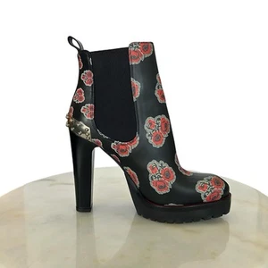 Alexander McQueen Boots 38 EU Black Leather & Red floral & Dustbag AUTHENTIC - Picture 1 of 7