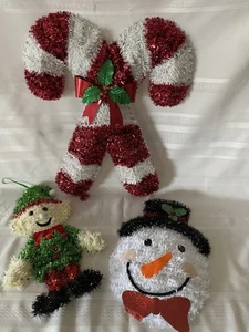 Vintage Christmas Holiday Hanging Tinsel Candy Cane Snowman Elf Large -Two New - Picture 1 of 11
