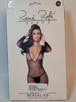 Rene Rofe Sexy Womens Deep V long Sleeve Fishnet Bodysuit Size OS - Image 1 of 4