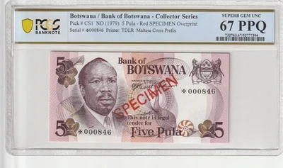 Botswana 5 Pula Certified PCGS Banknote UNC 67 PPQ CS1 SPECIMEN - Image 1 of 2