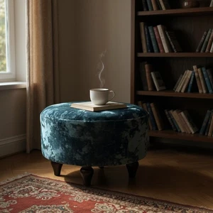 Blue Deluxe Oval Footstool –Handmade Ottoman, Padded, Solid Wood Legs, 30cm High - Picture 1 of 7