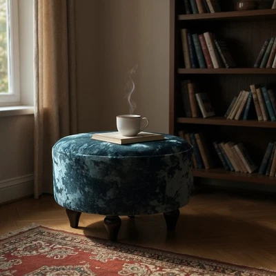 Blue Deluxe Oval Footstool –Handmade Ottoman, Padded, Solid Wood Legs, 30cm High - Image 1 of 4