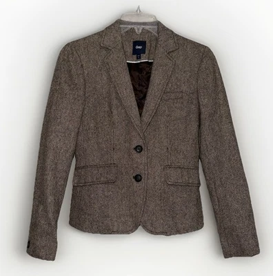Gap Blazer Tweed Herringbone Wool Academia Preppy Equestrian Brown Y2K Womens 0 - Image 1 of 4