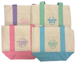 Juego de 4 mini bolsas de mano Trader Joes rosa pastel púrpura verde azul NUEVO - Imagen 1 de 5
