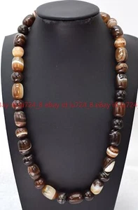 Natural 10mm Round &10x14mm Cylindrical Brown Stripe Agate Gems Beads Necklace - Picture 1 of 12