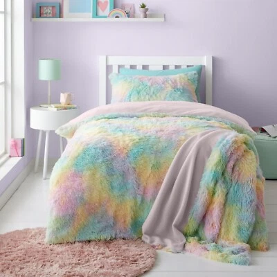 Juego de ropa de cama con funda nórdica de piel sintética suave tierna arco iris Catherine Lansfield pastel Foto 1 de 4