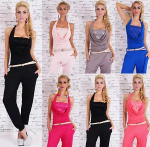 Damen Neck Overall Hosenanzug Hose Jumpsuit Wasserfall Pump Harem Spitze Gürtel - Bild 1 von 82