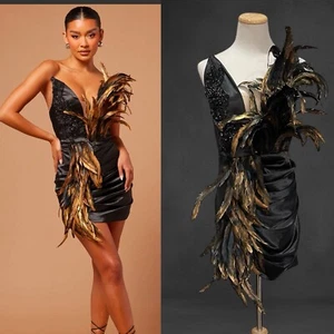Fashion Nova NovaLuxe “Jessy” Black & Gold Feather Mini Dress Size Large - Picture 1 of 24