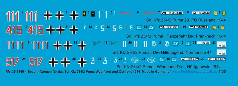 Peddinghaus-Decals 1/35 3345 4 Sd. Auto 234/2 Puma,Fronte Occidentale E - Immagine 1 di 1