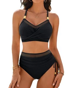 Women High Waisted Bikini Sets Tummy Control Bathing Suit Drawstring Metal Tw... - Picture 1 of 5