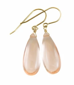 Morganite Earrings Simulated Peach Pink Long Smooth Teardrops Sterling 14k Gold - Picture 1 of 6