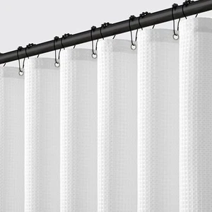 Waffle Weave Fabric Shower Bath Curtain with 12 Metal Hooks Heavy Duty Washab... - Picture 1 of 6