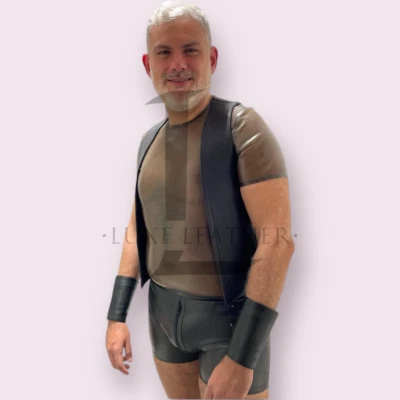 Camisa y chaleco de cuero negro y marrón genuino de cuero de cordero para hombre traje corto completo Foto 1 de 3