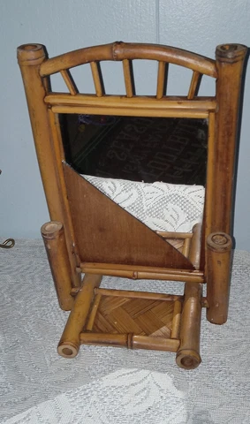 Art Nouveau Bamboo, Rattan & Wood Foldable Table Mirror, 1920's RARE Cover