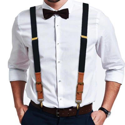 Men's Suspenders Y Back Adjustable Leather Elastic Y-Shaped Hooks Pants Braces - Image 1 of 4