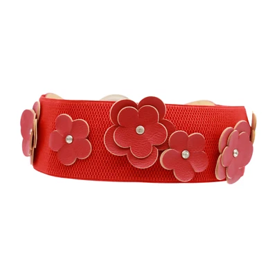 Mujeres Color Rojo Correa Elástica Día Noche Cinturón Ancho Flores Hebilla Plateada S M Foto 1 de 4
