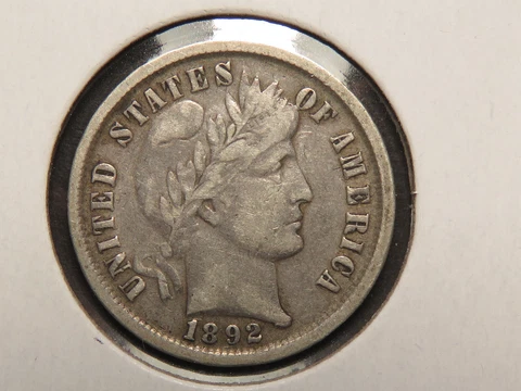 1892-P Barber Dime, VF, Lightly Cleaned Cover
